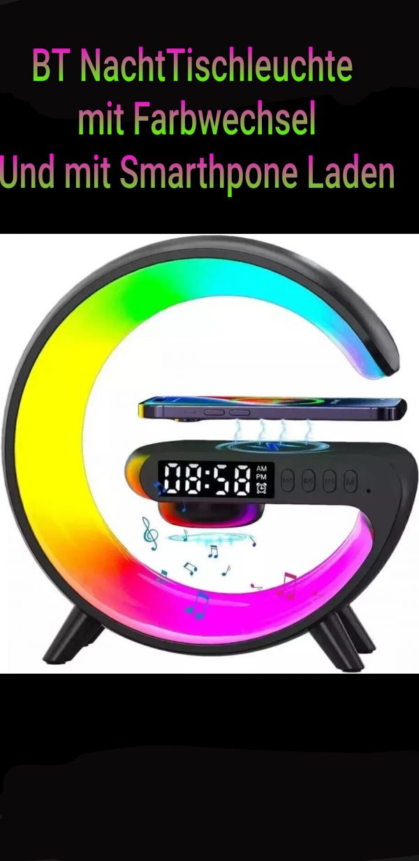 7 Colour Nachttischleuchte BT Wecker kabelloses Aufladen Ihres Smartphones