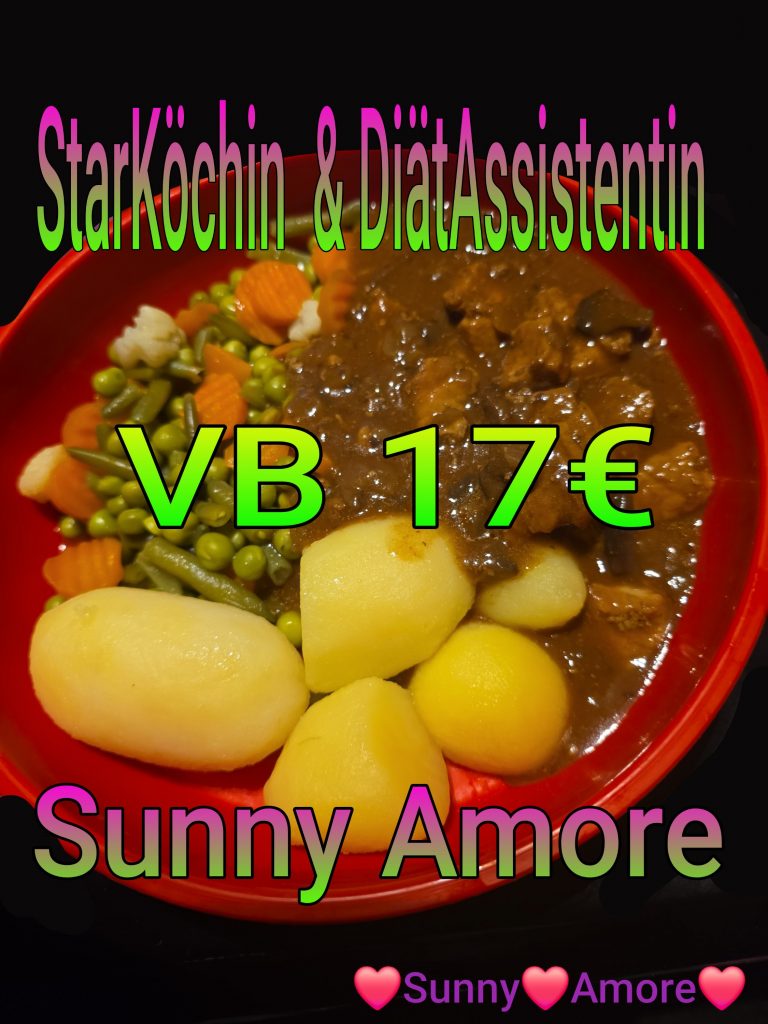 ❣️💛💜Sunny Amore's OnlineShop StarKöchin & DiätAssistentin sowie TV-STAR & Sängerin 💜❣️Für echte Geniesser heute zarter RinderGulasch mit Erbsen und Möhren sowie PetersilienSalzKartoffeln  😘💋💜❣️❣️www.sunny-amore.online 😘💋❣️