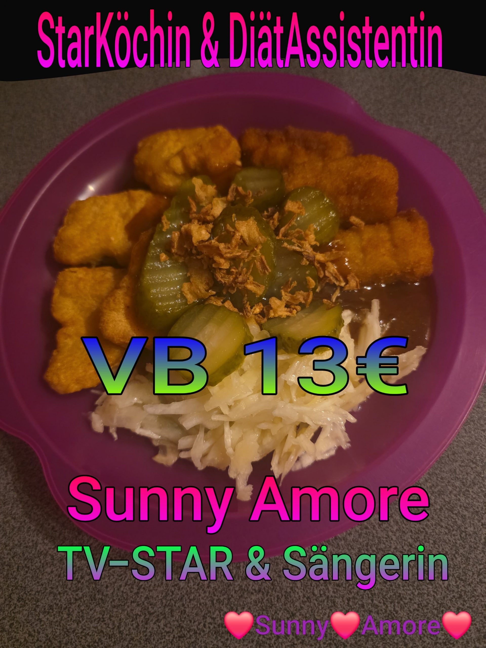 ❣️💛💜Sunny Amore's OnlineShop StarKöchin & DiätAssistentin sowie TV-STAR & Sängerin 💜❣️Knusprig frittierte Chicken MC Nuggets mit krossen Kroketten und herzhaften griechischen krautsalat 😘💋💜❣️❣️www.sunny-amore.online 😘💋❣️ www.sunny-amore.net 😘💋❣️